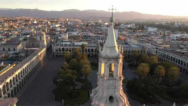 Arequipa, PERU - APRIL 20 2020. Aerial view from the Arequipa cathedral tower and the empty main square during the quarantine in Peru due to the coronavirus, covid-19