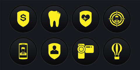 Set Smartphone with contact, Head hunting, User protection, Cinema camera, Shield and heart rate and Broken tooth icon. Vector