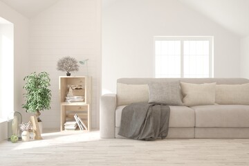 Soft color living room with sofa. Scandinavian interior design. 3D illustration