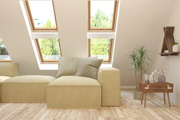 Naklejka premium Stylish room in white color with sofa and summer landscape in window. Scandinavian interior design. 3D illustration