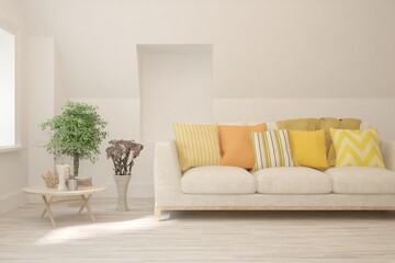 White living room with sofa. Scandinavian interior design. 3D illustration