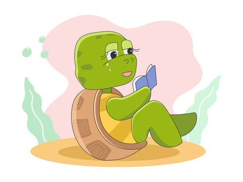 Cute turtle sitting and reading a book Vector illustration icon in cartoon style isolated on background.