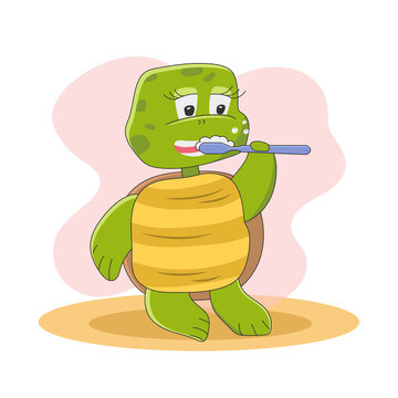Cute turtle character is standing and brushing his teeth with a toothbrush. Funny animals in cartoon style. Vector illustration