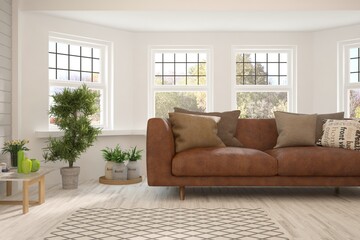 Soft color living room with sofa. Scandinavian interior design. 3D illustration