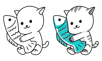 Cute cat with fish coloring page for kids
