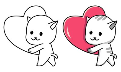 cat holding red heart coloring page for kids