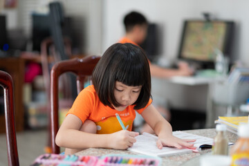 girl doing homework, kid writing paper, education concept, back to school