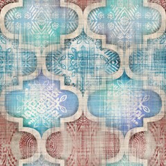 Seamless Moroccan inspired highly textured pattern for surface print. High quality illustration. Stylized chic ornate ogee or quatrefoil pattern. Luxury ornamental oriental symmetric shape repeat.