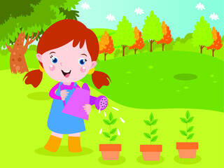 Obraz na płótnie Canvas Girl watering plant 2D cartoon concept for banner, website, illustration, landing page, flyer, etc.