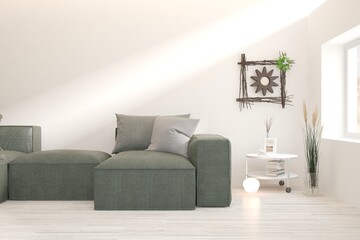 White living room with sofa. Scandinavian interior design. 3D illustration