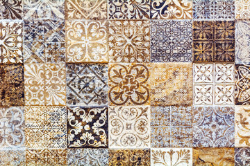 Fototapeta na wymiar Ceramic Bathroom Tiles with Ornaments and Different Geometric Shapes. Interior Design.