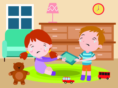 Siblings fight over digital tablet 2D cartoon concept for banner, website, illustration, landing page, flyer, etc.