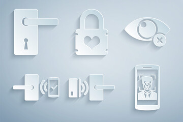 Set Digital door lock with wireless, Invisible hide, , Mobile and face recognition, Padlock heart and Door handle icon. Vector
