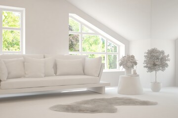 Mock up of stylish room in white color with sofa and green landscape in window. Scandinavian interior design. 3D illustration