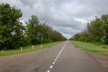 Fototapeta premium Towards the rain under a cloudy sky. Two-lane track in cloudy weather in the South