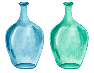 Old glass bottles watercolor illustration. Isolated clipart element on white background
