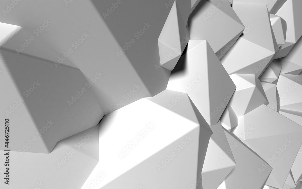 Poster Abstract background with white 3D shapes flying in the light as a messy array or chaotic structure for any pastel backdrop. 3D illustration.