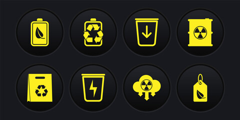 Set Shopping bag with recycle, Radioactive waste barrel, Lightning trash can, Acid rain and radioactive cloud, Send to the, Battery, Tag leaf and Eco nature battery icon. Vector