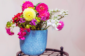 Bouquet of Beautiful Dahlia Flowers in Blue Vase 