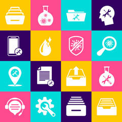 Set Drawer with documents, Bioengineering service, Microorganisms under magnifier, Folder, Clean water drop, Mobile, and Stop virus, bacteria icon. Vector
