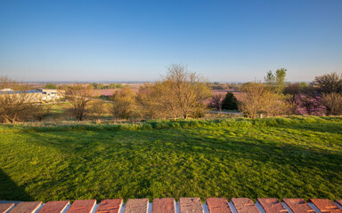 Nebraska farms Spring morning landscape, the Great Plains. View from York Westbound rest area...