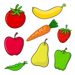 Set of fruits and vegetables hand drawn on white for design