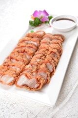 deep fried bbq crispy fragrant fat pork belly meat with chef sweet dark soy sauce in white background asian banquet menu