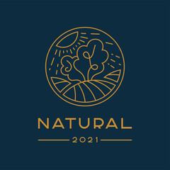 Logo in the style of a simple line, leaves on a field under the sun, a golden logo outline on a dark background, sun rays, a field in a circle