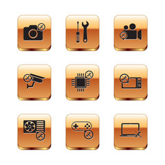 Set Photo camera service, Air conditioner, Gamepad, Processor, Security, Video, Laptop and Screwdriver and wrench icon. Vector