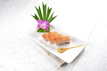 deep fried bbq crispy fragrant fat pork belly meat with chef sweet dark soy sauce in white background asian banquet menu