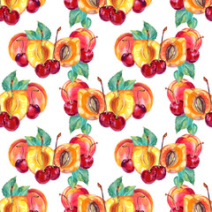 Seamless pattern watercolor apricot, cherry with green leaves. Red, yellow, orange hand-drawn fruit berry on white background. Sweet dessert summer food. Clip art for menu, card, wrapping