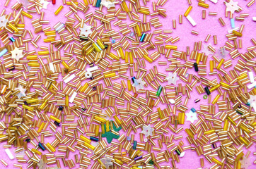 multicolored beads, beads for needlework, background with beads, close-up, scattered beads