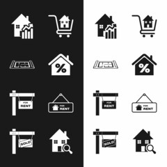 Set House with percant, plan, Rising cost of housing, Shopping cart house, Hanging sign For Rent, Search and Sold icon. Vector