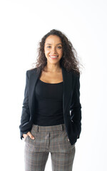 Attractive smart beautiful Caucasian businesswoman wearing formal suit, smiling with success and confidence, looking at camera, posing and standing alone on isolated white background cutout.