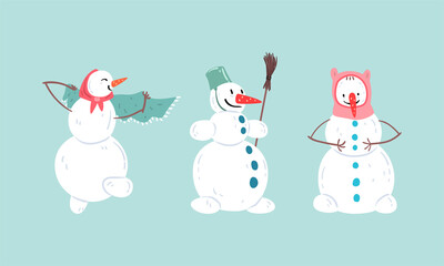 Cute Christmas Snowman Set, Funny Xmas Characters in Different Action Poses, Happy Winter Holidays Design Cartoon Vector Illustration