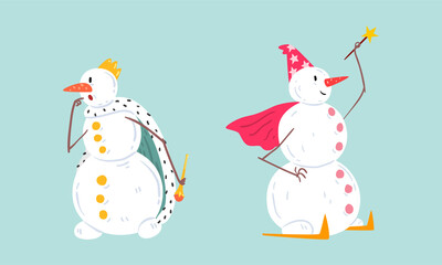 Cute Christmas Snowman Set, Funny Xmas Characters in Action, Happy Winter Holidays Concept Cartoon Vector Illustration