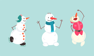 Cute Christmas Snowman Set, Funny Xmas Characters Wearing Hat and Scarf, Happy Winter Holidays Design Cartoon Vector Illustration