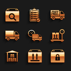 Set Delivery truck and clock, Cardboard box with traffic, Locked package, Scale cardboard, Warehouse, cargo vehicle, Free delivery service and Search icon. Vector