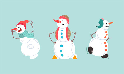 Cute Christmas Snowman Set, Funny Xmas Character Wearing Hat and Scarf in Different Action Poses Cartoon Vector Illustration