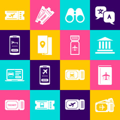Set Airline ticket, Cover book travel guide, Museum building, Binoculars, Online hotel booking, and icon. Vector