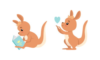 Cute Baby Kangaroo Reading Book and Holding Heart Vector Set