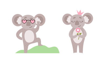 Cute Gray Koala Bear Wearing Heart Shaped Sunglasses and Crown Vector Set