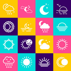Set Eclipse of the sun, Sun, Sunset, Moon and stars, Cloud with rain moon and icon. Vector