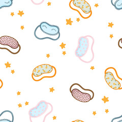 Sleeping mask vector seamless pattern. Sleeping night eye accessory blindfold relax in traveling illustration. Nighty sleepy face protection asleep flat cartoon design for poster, cards, textile