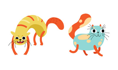 Cute Bright Whiskered Cat as Furry Domestic Pet Vector Set