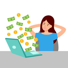 Success woman with passive income concept vector illustration. Woman sitting in office and money flying from laptop computer screen in flat design. Successful online business.