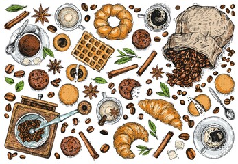 A collection of sweets, pastries, hot drinks. Vector hand-drawn sketches on a white background. Vintage style engraving