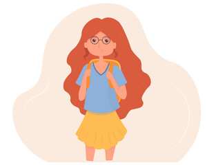 Cute cartoon schoolgirl in glasses with bag