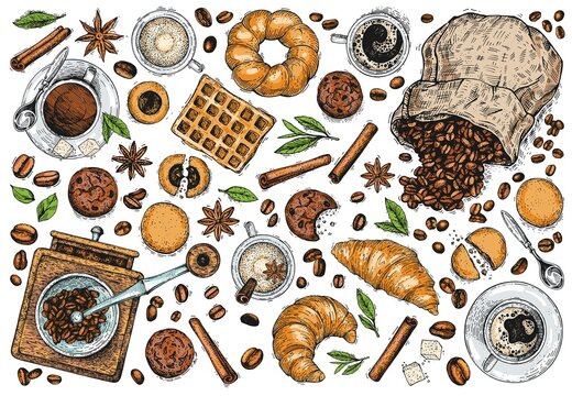 A collection of sweets, pastries, hot drinks. Vector hand-drawn sketches on a white background. Vintage style engraving © Evgenii Dolzhenkov