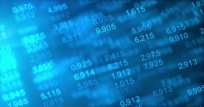 Random digit number with updating stats, stock and number of sales, percentage, growth, decline. Abstract financial background, economic report forecast for business finance and stock growing concept